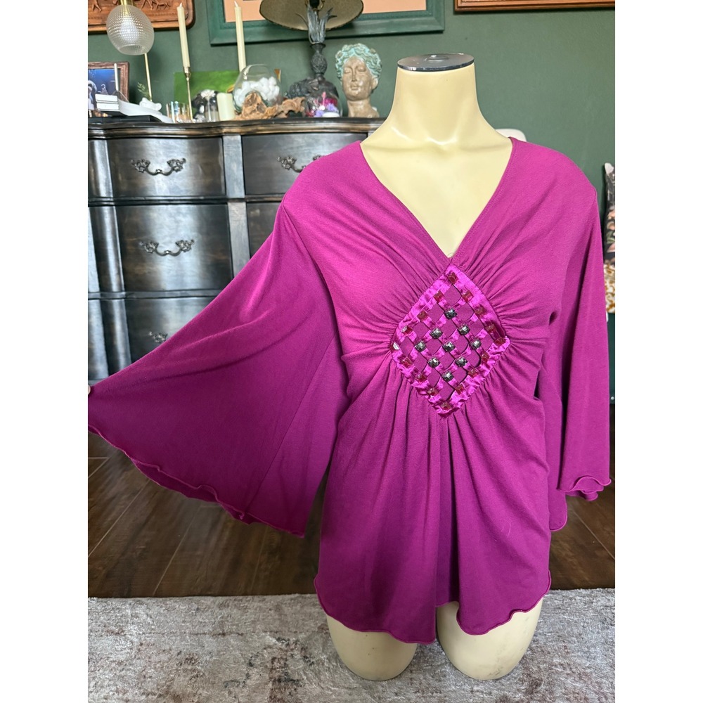 Simply Irresistible Magenta Pink Embellished V-Neck Bell Sleeve Blouse